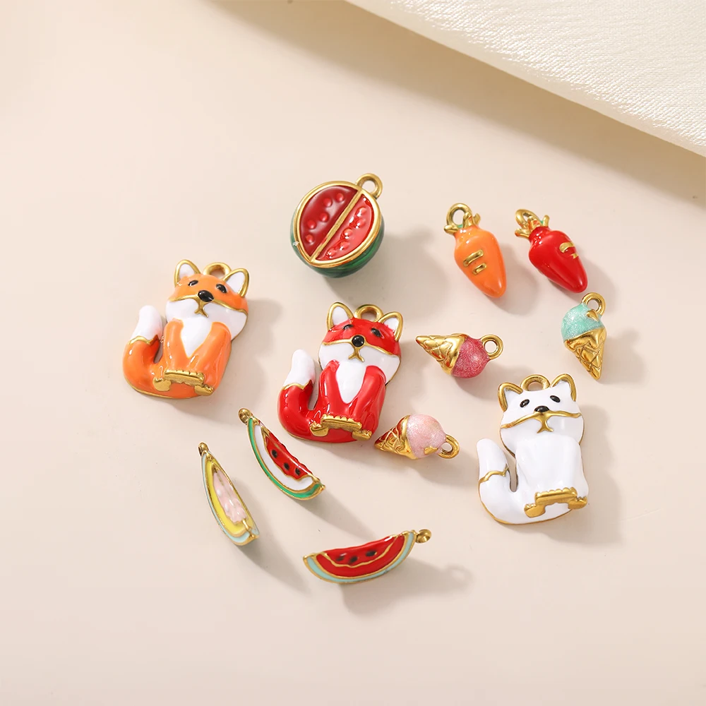 3PCS/LOT CARLIDANA Cute Enamel Pendants, Fox Ice Cream Watermelon Charms, Stainless Steel Waterproof for DIY Necklace Bracelet