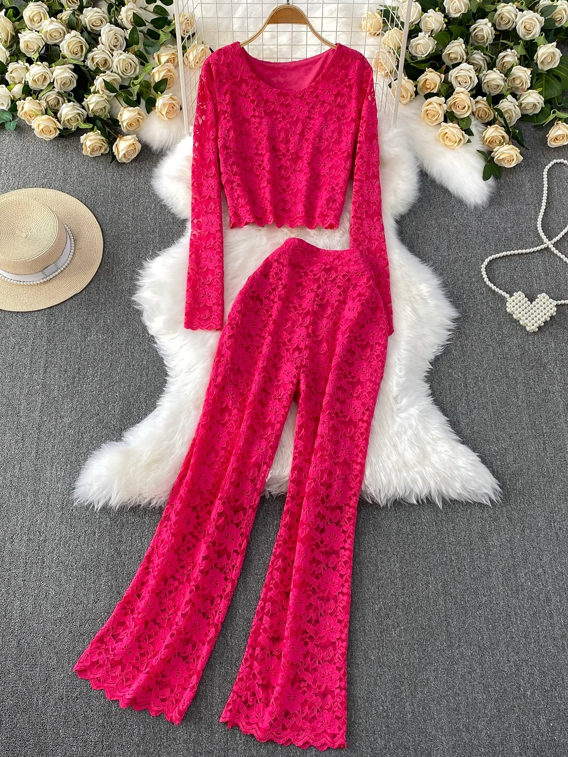 Ele Lace ort Crop Top Long Sve Set dimagrante da donna Pantaloni a gamba larga a vita alta Set da due pezzi Abbigliamento casual alla moda