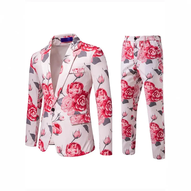 

KIDWHXR Suit Set Men Fashion Flower Printed Single-breasted Blazer Man Elastic Waist Pant Male Slim Party Stage 2-piece Outfit