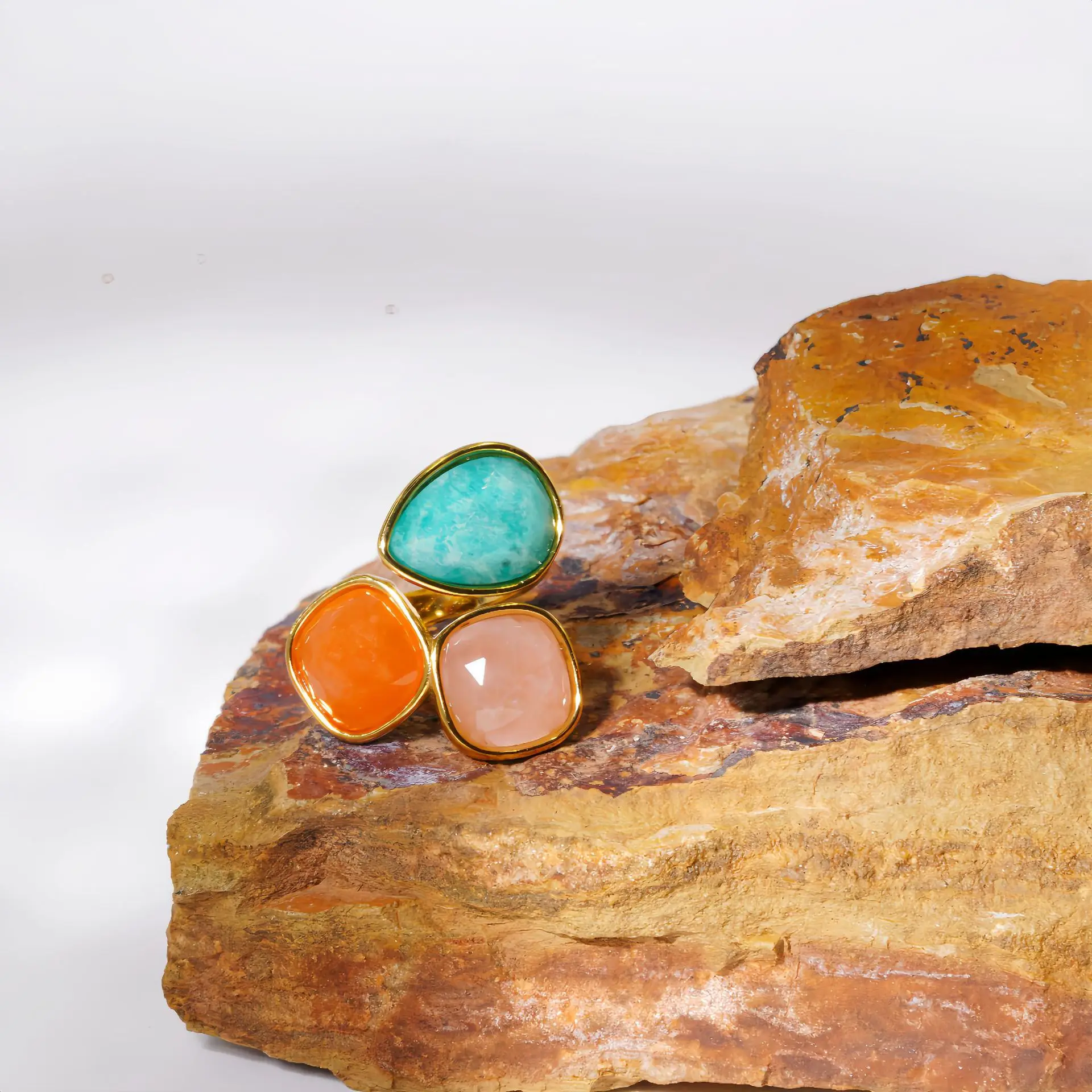 V. Stainless Steel Colorful Natural Stone Zircon Droplet Splicing Block Opening Ring Fine Polishing Fashion Jewelry Making