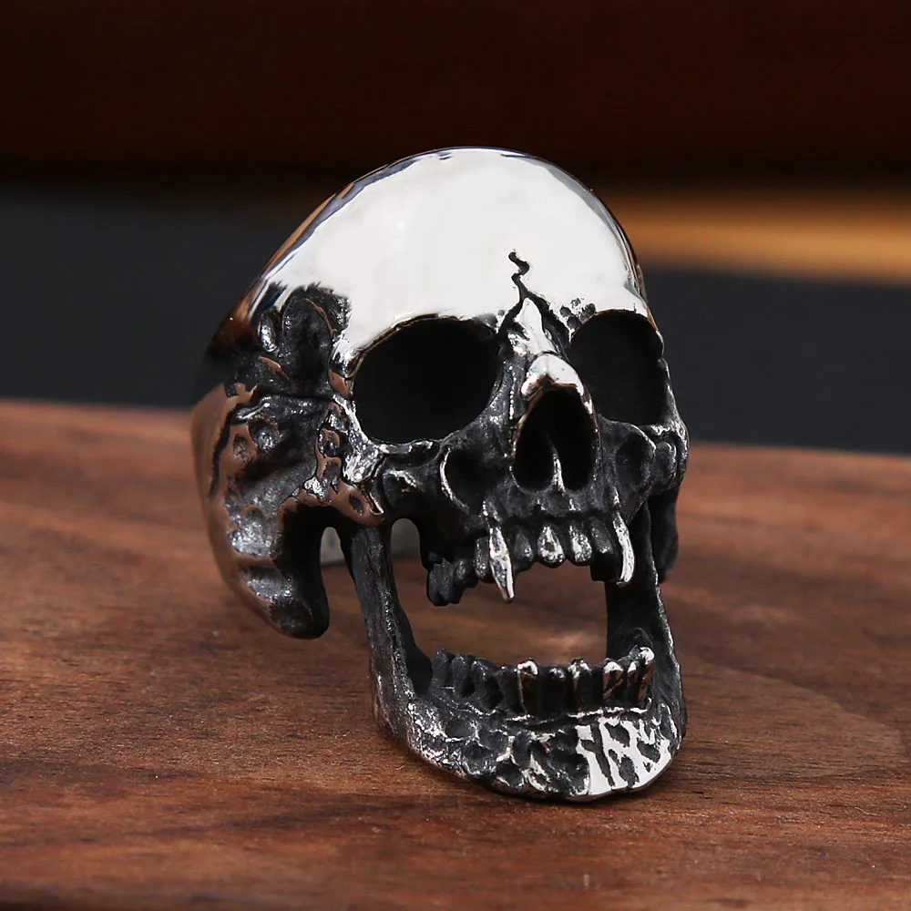 High Polish Gothic Vampire Skull Ring Heavy Skull Mens Stainless Steel Biker Rings Punk Motorcyclist Jewelry Gift Size 7-15