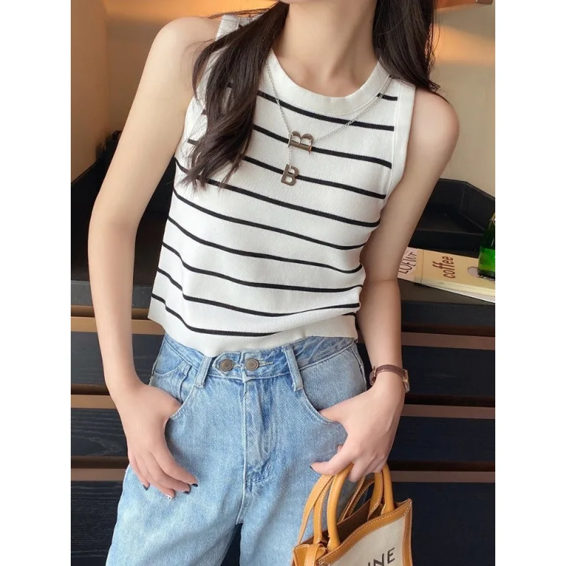 Women's Knitted Stripe Camisole Vest Inner Wear Sweet And Spicy Style Early Spring Base Layer Summer Top Modern Splice