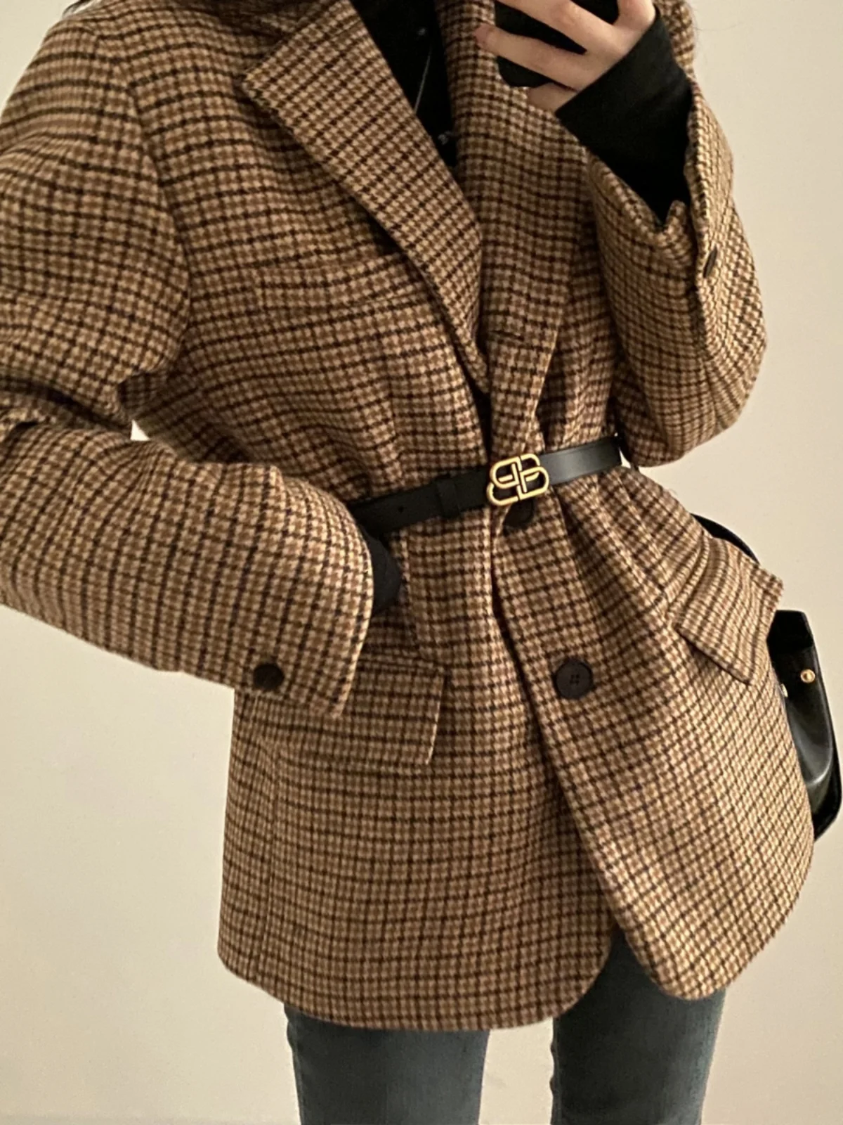 

Korean Sle Vintage Plaid Woolen Suit Jaet Women's Winter Faion Loose Versatile Top Commute Sle Long Sve Coat