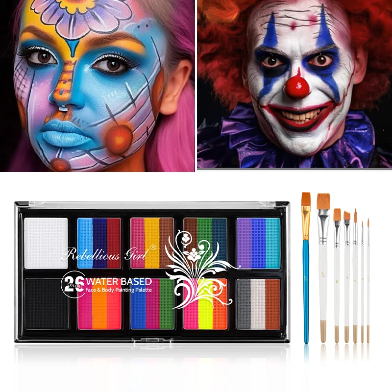 مجموعة طلاء الوجه والجسم مكونة من 26 لونًا مع فرش قابلة للذوبان في الماء بالأشعة فوق البنفسجية مضيئة للأطفال والكبار فن الطلاء على الجسم لعروض المسرح والمكياج #1