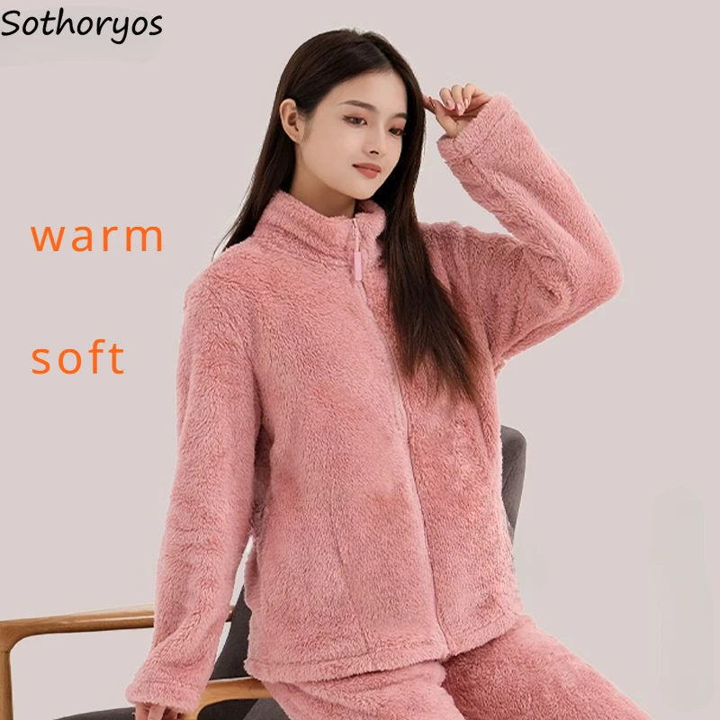 Thicker Pajama Sets Women Coral Velvet Winter Keep Warm Fashion Sleepwear Slouchy Casual Comfortable Homewear Zipper Furry New