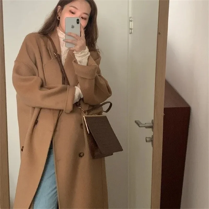 Women's Wool Coat 2025 Winter New Fashion Solid Color Linen Coat Retro Lapel Double-Breasted Coat Women Chic Casual Warm Coat