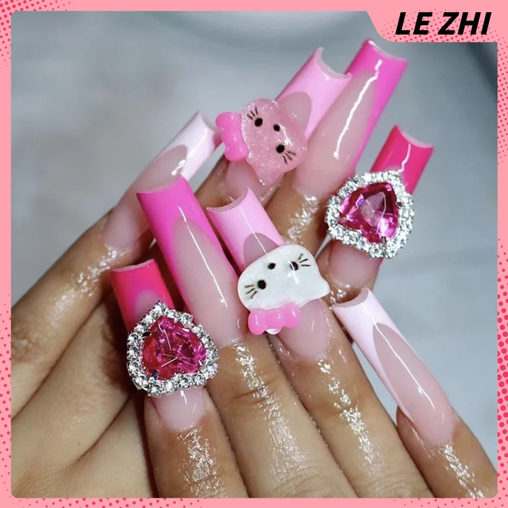 Xl Square 10Pcs Y2K Handmade Press On Nails Hello Kitty Ballet Fashion Girls Flower Bow Love Diamond Party Sticker Fake Nails