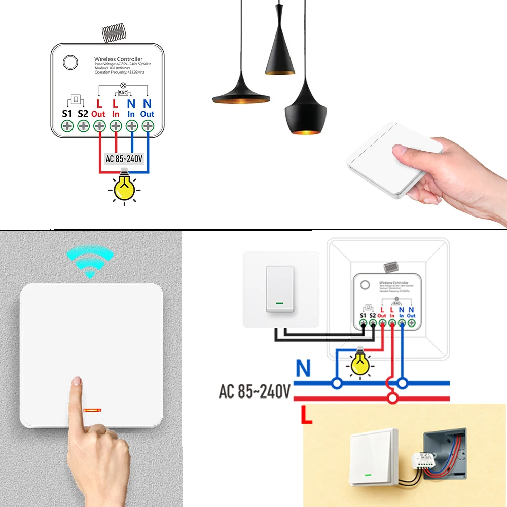 Saklar lampu kendali jarak jauh nirkabel RF433 smart home relay AC110V 220V kontrol 2 arah dengan fungsi penundaan untuk lampu kipas angin
