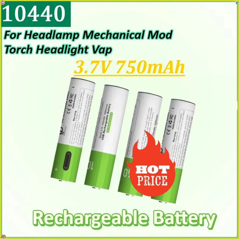 

For Headlamp Mechanical Mod Torch Headlight Vap New 2PCS 10440 3.7V 750mAh USB Type-c Rechargeable Li-ion Battery AAA Button Top