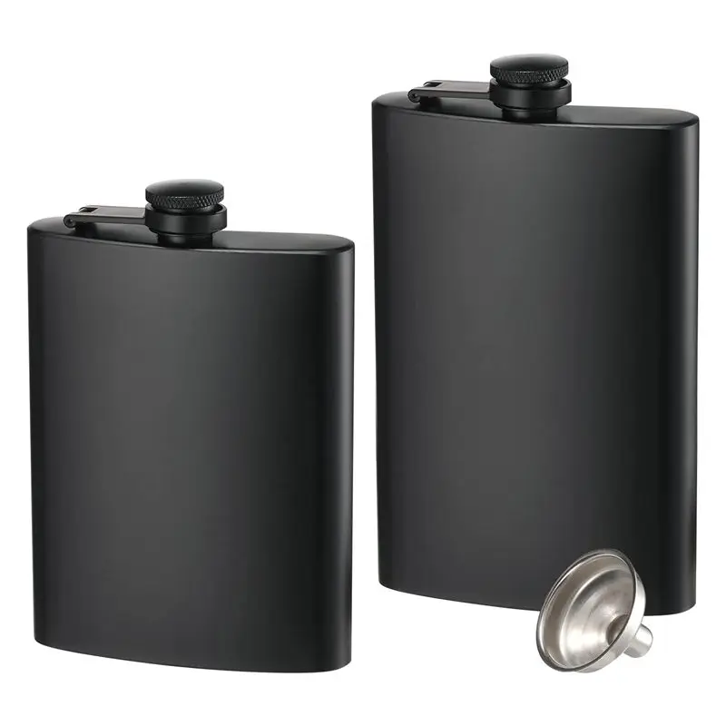 A75K 2 Pack Hip Flasks for Liquor, 8 Oz Stainless Steel Leakproof Thin Flasks with Funnel for Men & Women (Matte Black)