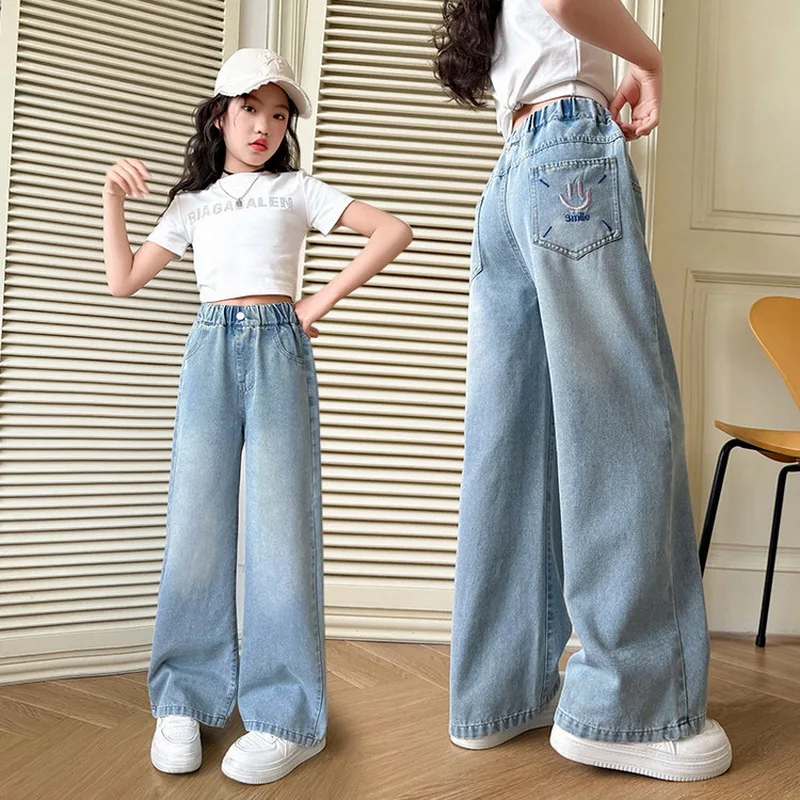 

Летние тонкие джинсовые брюки для девочек, новинка 2023 года, детские прямые широкие джинсы, джинсовые брюки для девочек-подростков, детская модная одежда