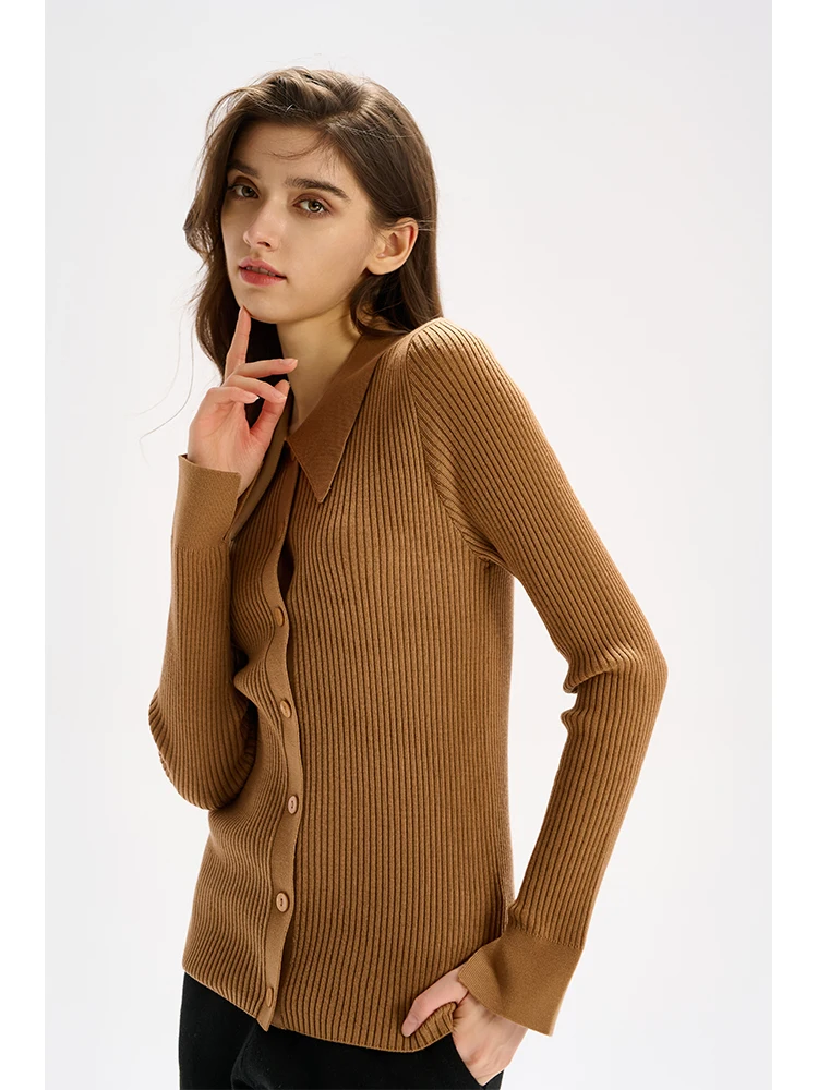 Autumn and Winter Light Luxury Fashion Lazy Merino 100% Wool polo Polo Polo Women\'s Camel Cardigan