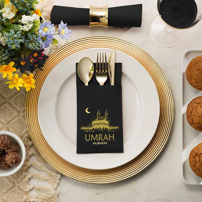 5pcs black Kaaba umrah mubarak Silverware Bag Paper Disposable Napkins Muslim Islamic Ramadan Kareem eid dinner table decoration