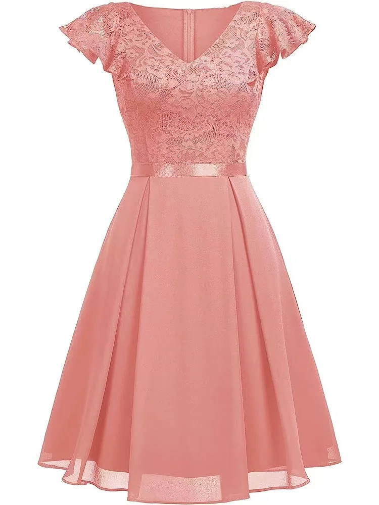 

Classic V-neck Lace Embroidery Short Bridesmaid Dress With Ruffles Sleeves