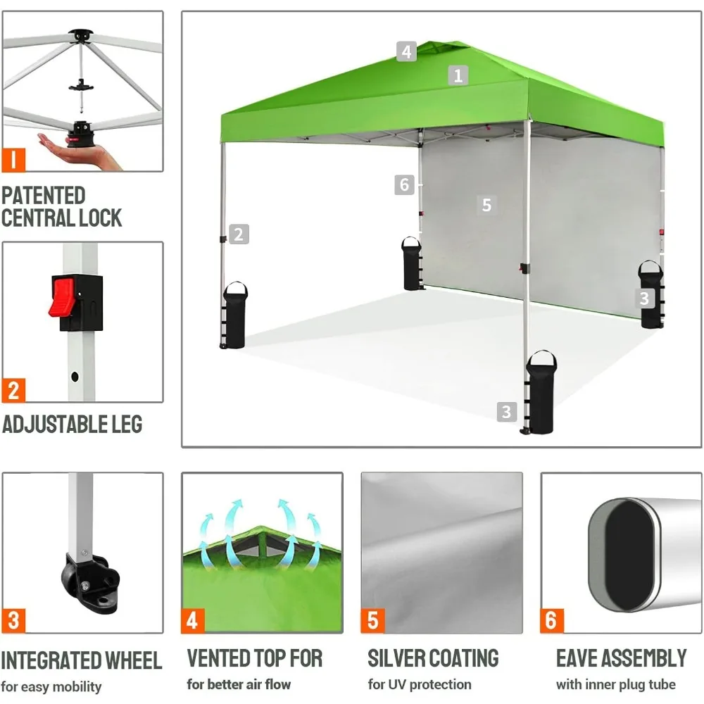 Auvent exterior de instalación rápida de 10x10 con pared lateral: refugio solar portátil para eventos, fiestas, camping, uso en la playa