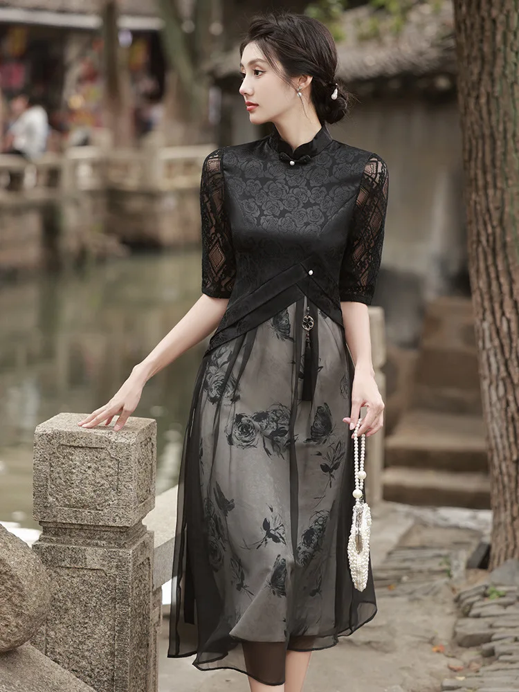 Traditional Elegant Chiffon Seven Points Sleeve A-Line Qipao Women Lace Aodal Cheongsam Retro Chinese Dress Hanfu Vestido