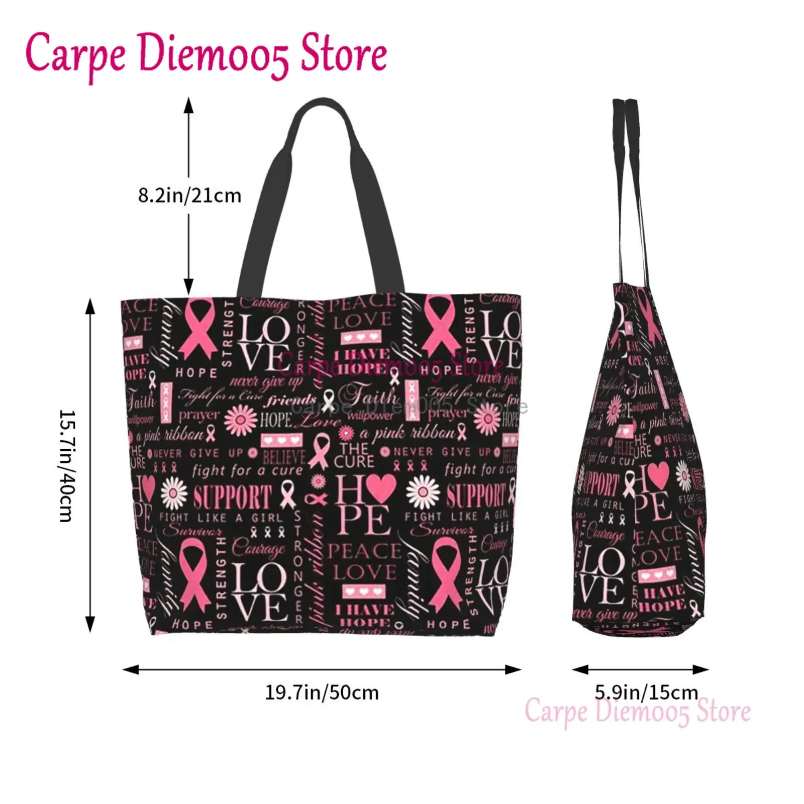 Women Shoulder Bag Pink Ribbon Support Breast Cancer Large Capacity Shopping Grocery Tote Bag For Ladies