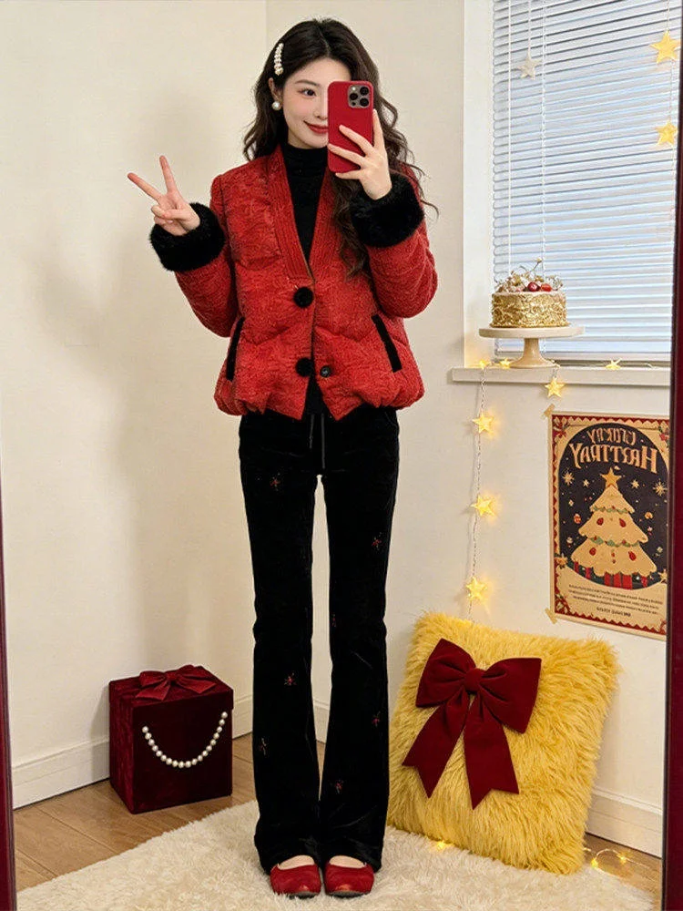 

Women's Retro Sle Winter Faion Set with Fluffy Cotton Jaet And Slimming Casual Pants Two-Piece Ensemble High Waist