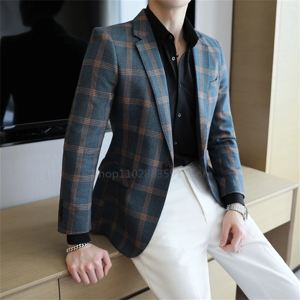 Men\'s Blazer British\'s Style Casual Slim Fit Suit Jacket Male Plaid Blazers Single Button Men Coat Terno Masculino