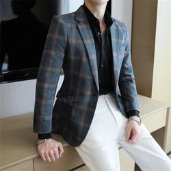 Men's Blazer British's Style Casual Slim Fit Suit Jacket Male Plaid Blazers Single Button Men Coat Terno Masculino