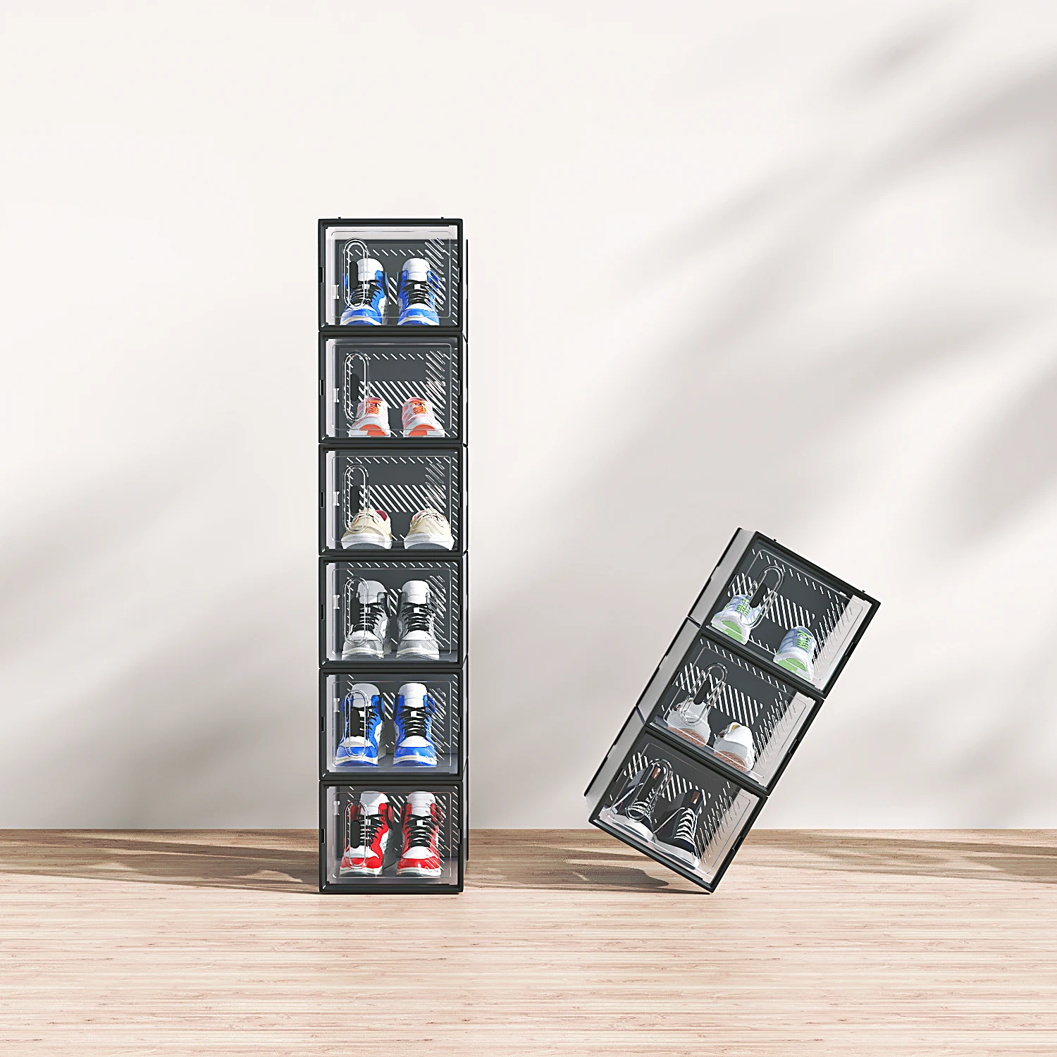 

12-Piece Medium Black Plastic Mesh Shoe Box Set - 35.00*25.00*19.00cm, Modular Design for Home Storage