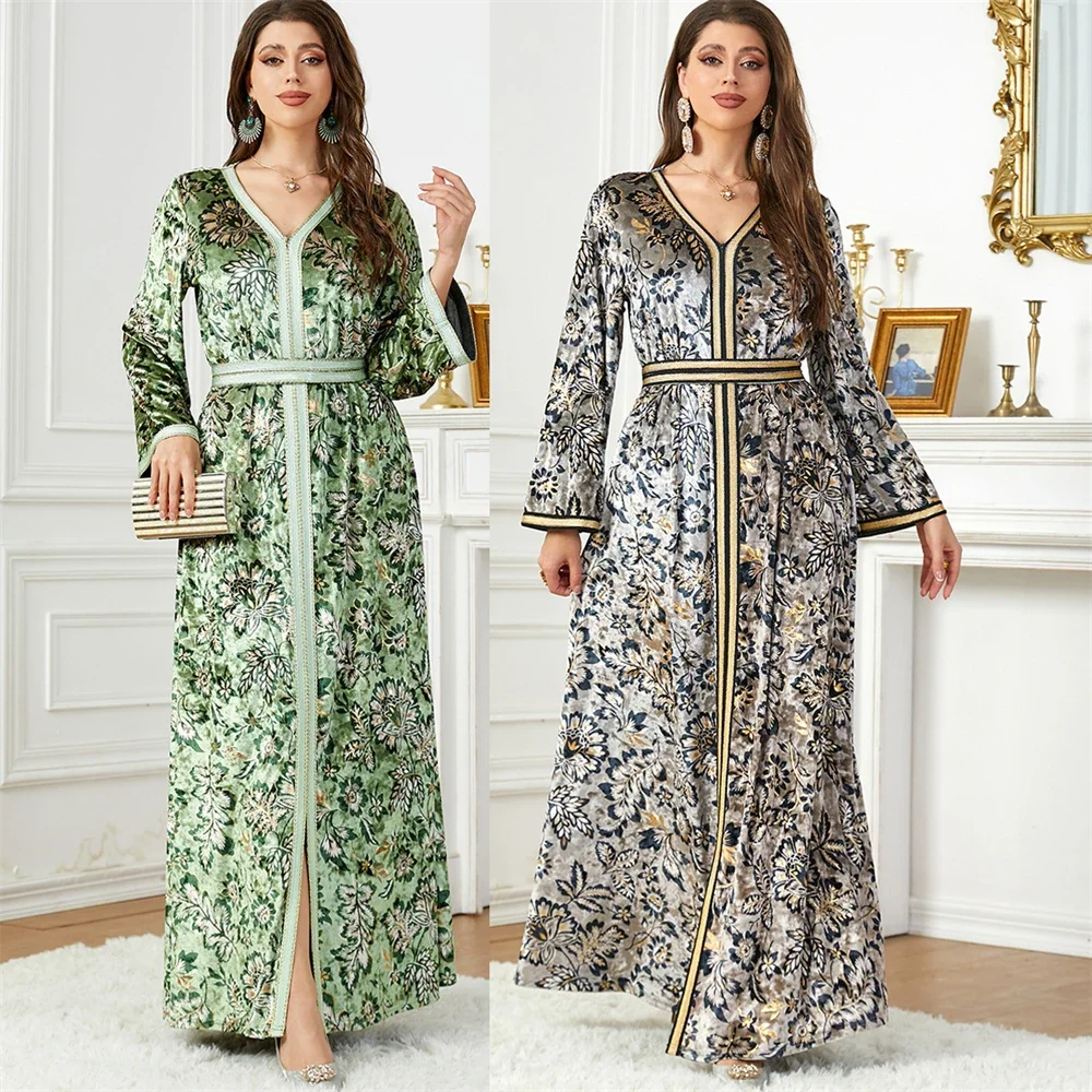 Vestido musulmán de terciopelo para mujer Abaya con dobladillo dividido estampado Floral Marruecos Vestidos de fiesta Kaftan Turquía árabe largo bata Vestidos