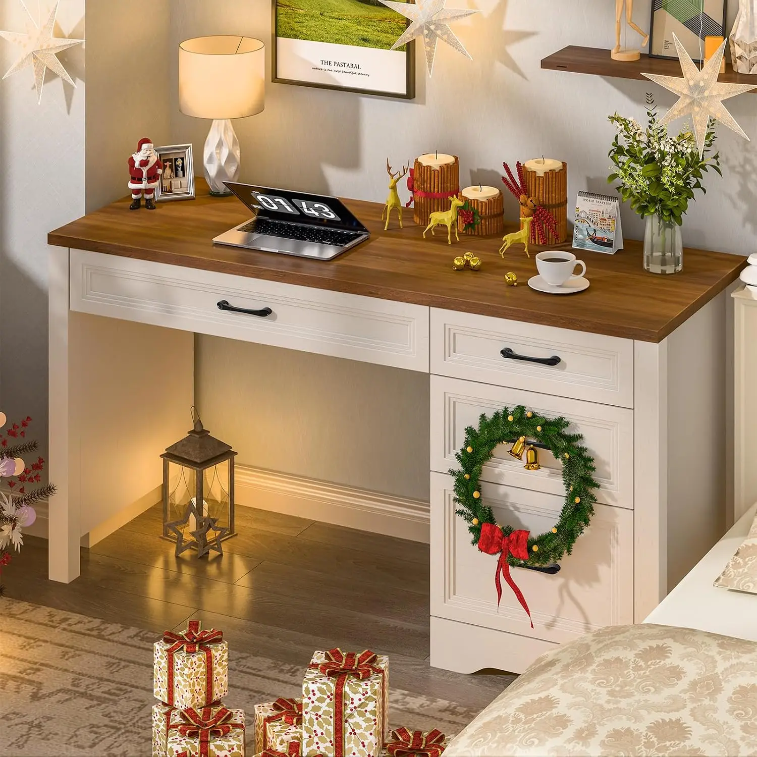 Farmhouse Executive Desk with Storage & File Drawer, Rustic Writing Desk for Home Office Bedroom, White, Customized