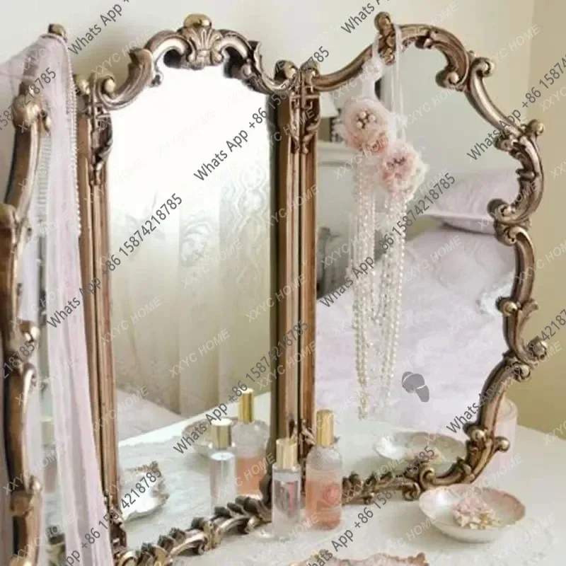 O Z European Vanity Mirror Light Luxury Bedroom Carved Foldable Makeup Mirror Trifold Mirror Three-Sided Desktop-Good Quality