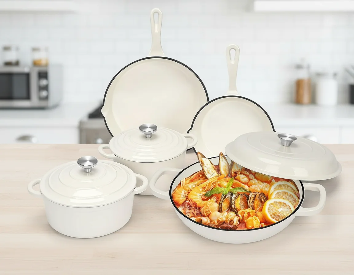 

Набор эмалированной чугунной посуды из 8 предметов с крышками, кастрюли с антипригарным покрытием, голландская духовка для всех плит и выпечки, кремово-белый