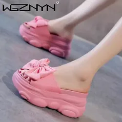 Shoes Woman Slippers 7.5CM Heels Platform Pantofle Increased Internal Butterfly-Knot Luxury Slide Flip Flops High New Sandals