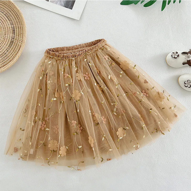 Image 7: Jupes en maille brodées de fleurs pour enfants, jupe Tutu de spectacle pour filles, jupe de princesse plissée, nouvelle collection été 2025