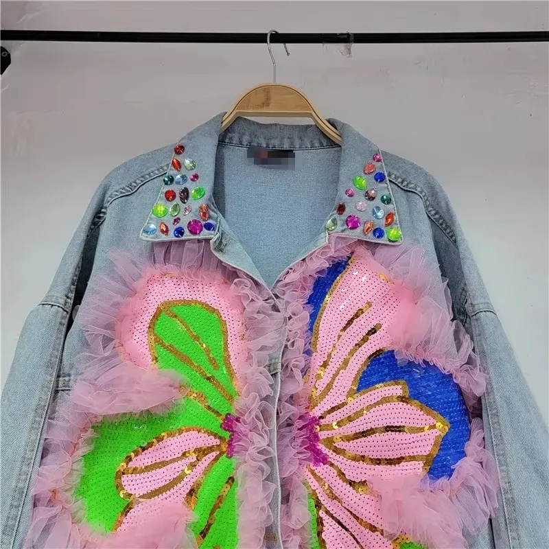 2025 春スパンコールフラワー女性ブルーデニムジャケットラペル長袖カジュアルチャケータ Mujer 女性のジーンズジャケットストリート