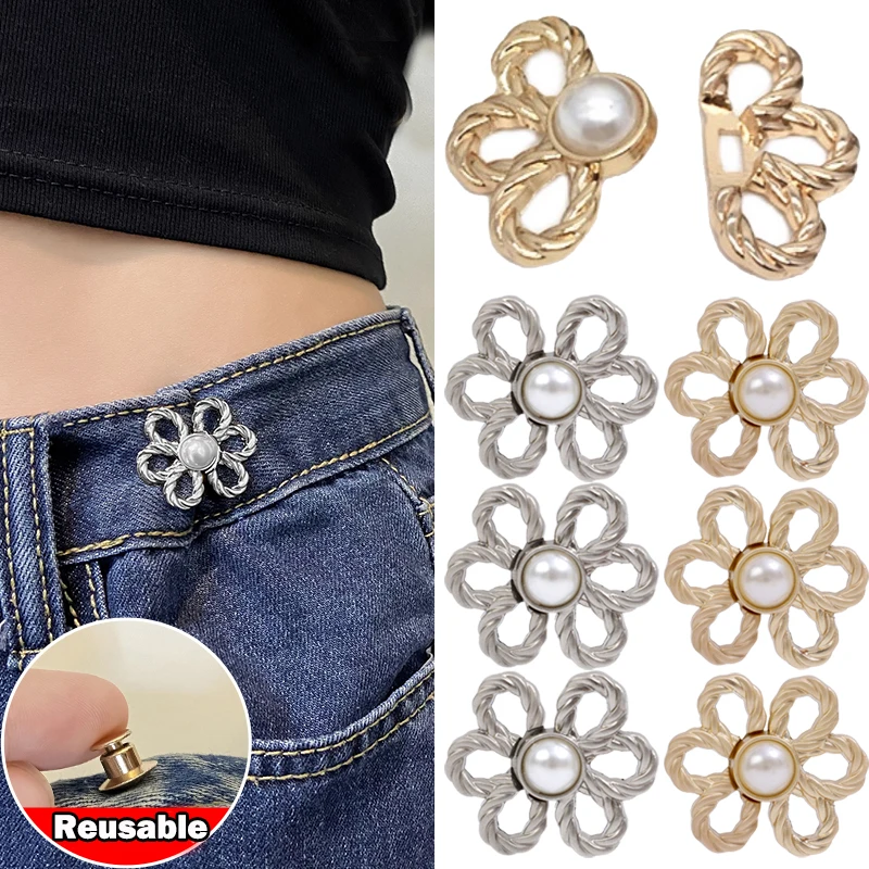 

1/2set Removable Nail-free Tightening Waistband Closing Artifact Flower Pearl Snap Button Waist Buckle Jeans Handmade DIY Sewing