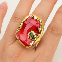 G-G Natural Red Coral Nugget Green Crystal CZ Pave Rings Gold Plated Edge Adjustable Ring Handmade For Women