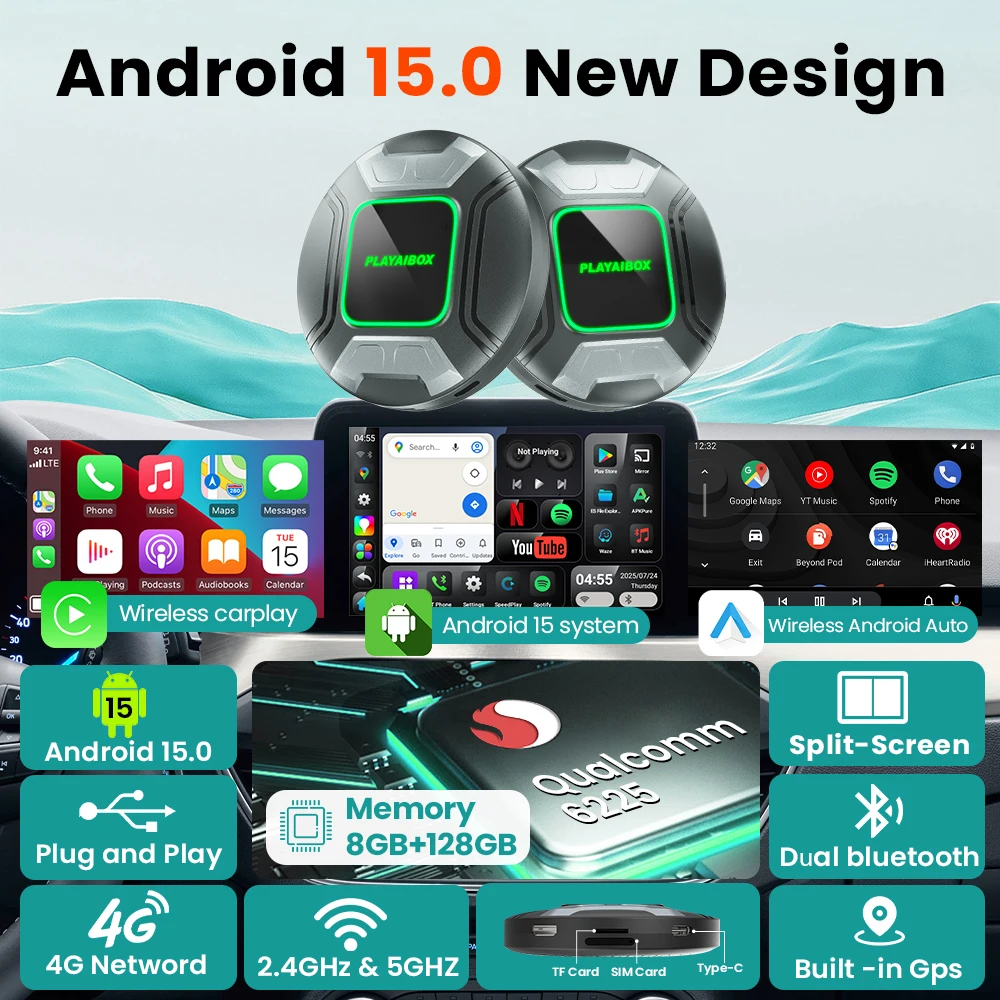 Android 15 CarPlay Ai Box لاسلكي Android Auto Dongle 8GB + 128GB لـ Youtube Netflix لـ Frod C‐MAX Flex Focus Edge F‐150 Fusion