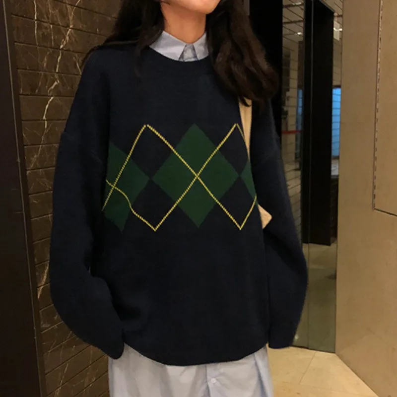 Pull tricoté ample pour femmes, rond Ne Long, à motifs de diamants, nouveau vêtement d'extérieur coréen Sle Faionable, printemps 2025