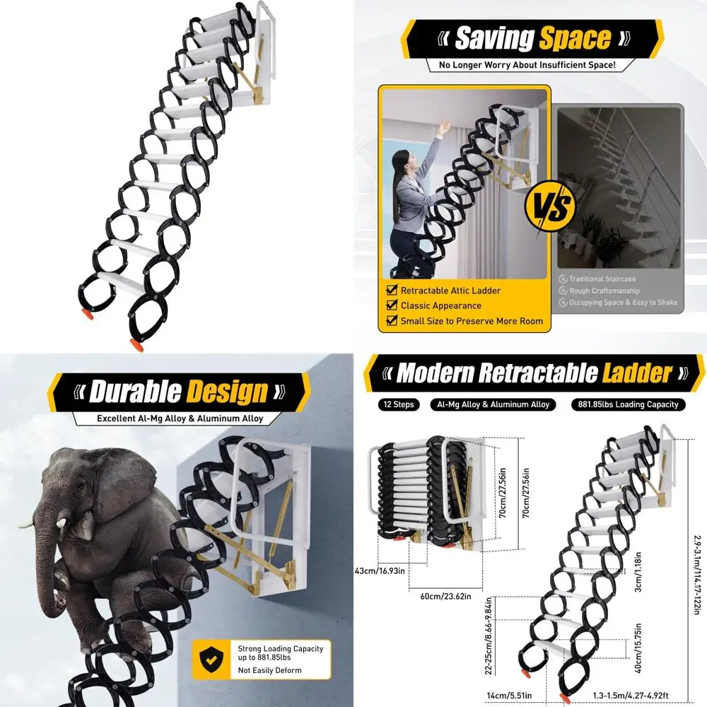 سلم عطلي قابل للسحب بـ 12 خطوة مع درابزين للمنزل - نظام سلالم الوصول العلوي المثبت على الحائط #1
