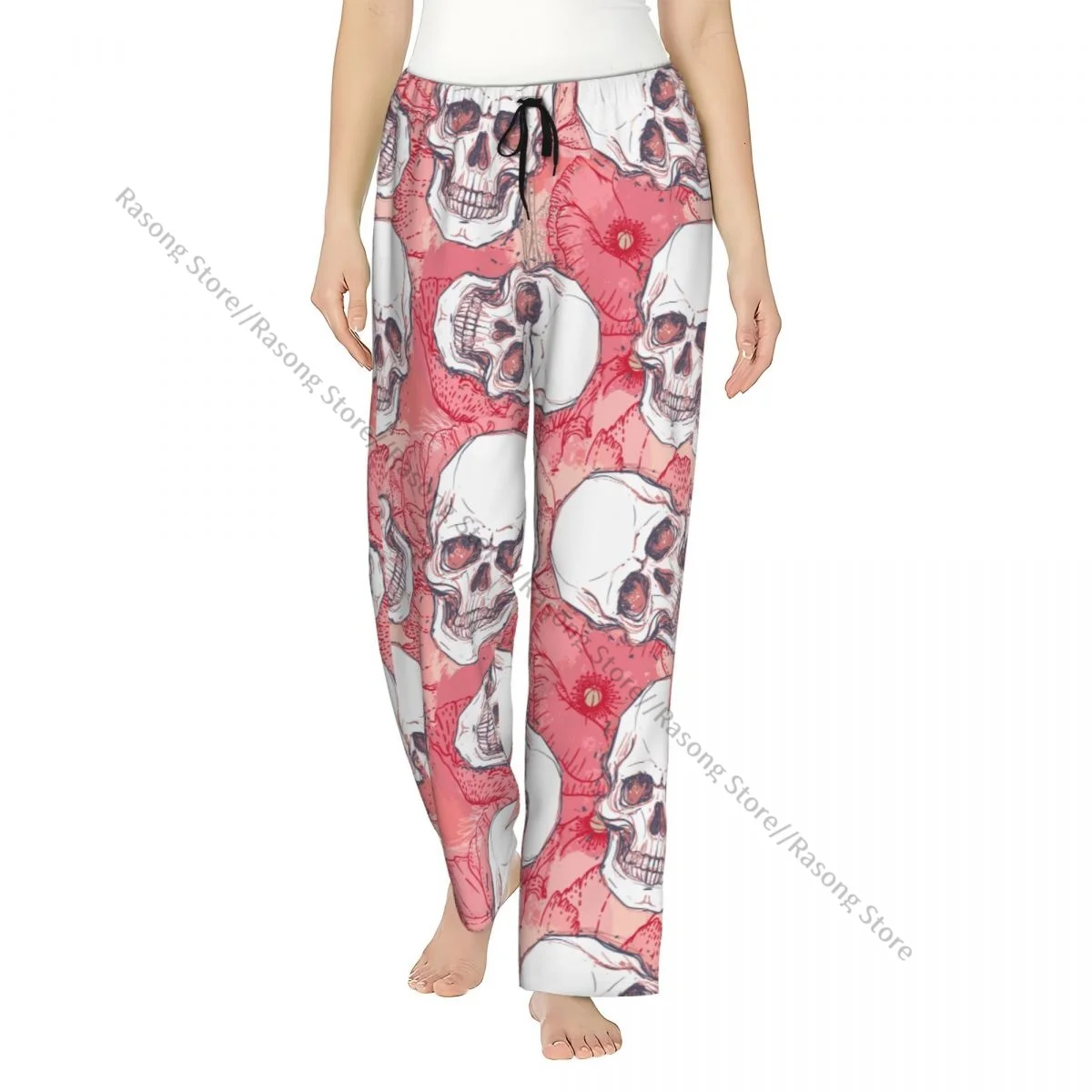 

Skull With Peony Flannel Pajama Pants for Women Soft Warm Sleep Pants with Elastic Waistband