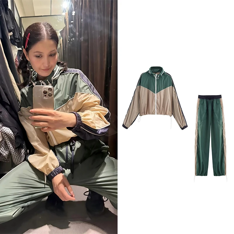 Guobioziy Women's Top 2026 New Style Women's Colour Block Sports Two‑Piece Set Short Jacket And Casual Long Pants Lightweight