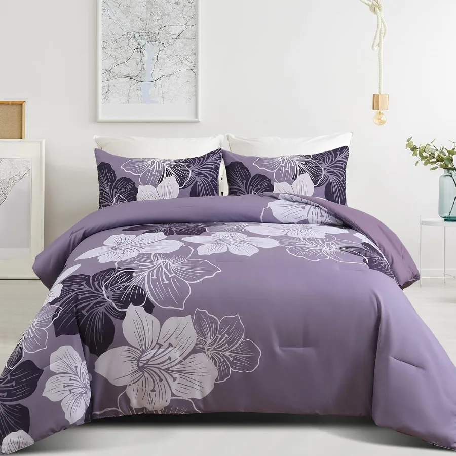 

Queen Comforter Set in Dark Purple Floral Design for Bedroom Decor Soft Microfiber AllSeason 3Piece Bedding Set with Botanical