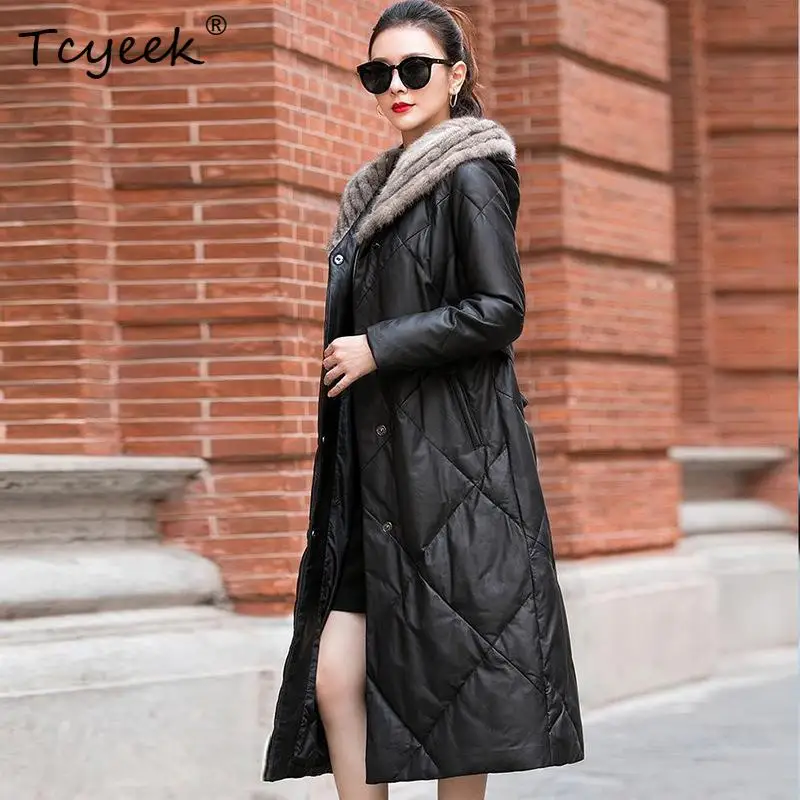 Tcyeek Pelle di pecora Piumino d'anatra bianca Autunno Inverno Giacca lunga in vera pelle da donna con cappuccio Jaqueta De Couro Legítimo Feminina