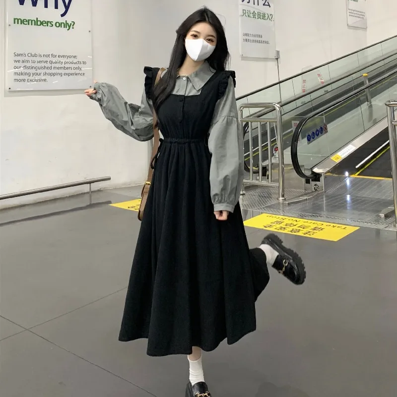 

Autumn and Winter New Women Dresses Japanese Vintage Thin Preppy Style Fake Two-piece Long Sleeve Dress Female Maxi Dress