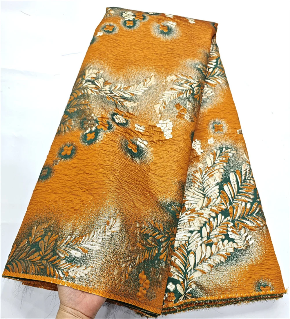 Orange African Brocade Jacquard Fabric Floral Damask Material Nigerian Gilding Lace Cloth Brocard Tissu 5 Yards Africain DJB72