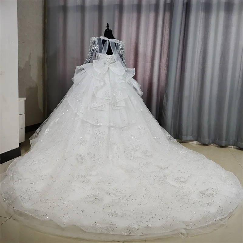 Echte Foto 'S Volledige Mouwen Diepe V Nek Vestidos De Novias 2024 Abiti Da Cerimonia Donna Elegante Luxe Lange Trein Gb 057T