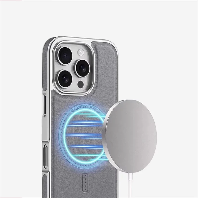 Luxuriöse Plating-Rahmen PU-Lederhülle für iPhone 13 14 15 16 17 18 Pro Max mit Magsafe Magnetischer Drahtloser Ladefunktion Stoßfeste Abdeckung – Detail 2