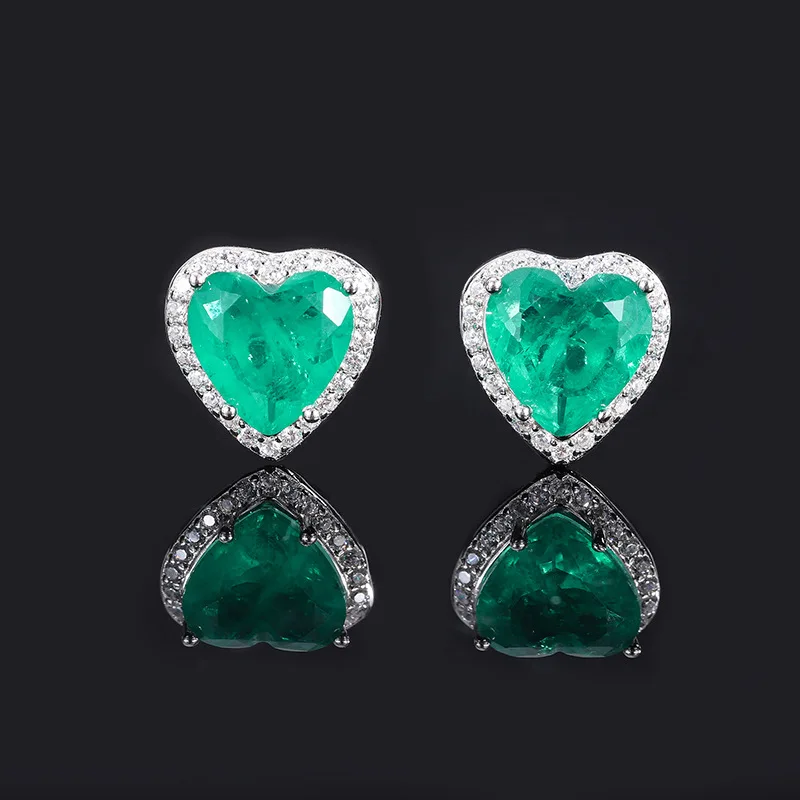 Jewelry S925 Silver Emerald Green Heart-Shaped Full Diamond Fashion Retro Set for Women 15*15