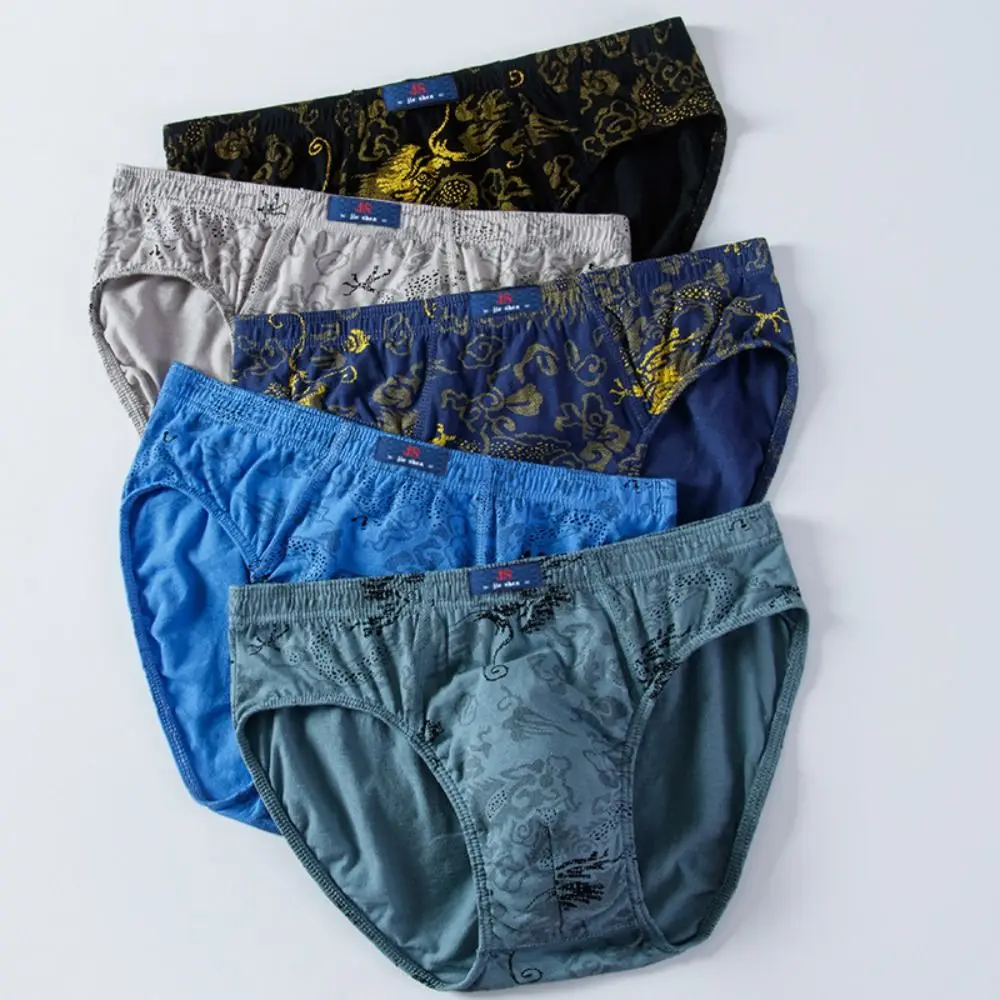 5PCS New Cotton Men's Boxer Briefs Soft Breathable Men's Underwear Knit Fabric Print Pattern Light Blue Each Pack Daily Outfits