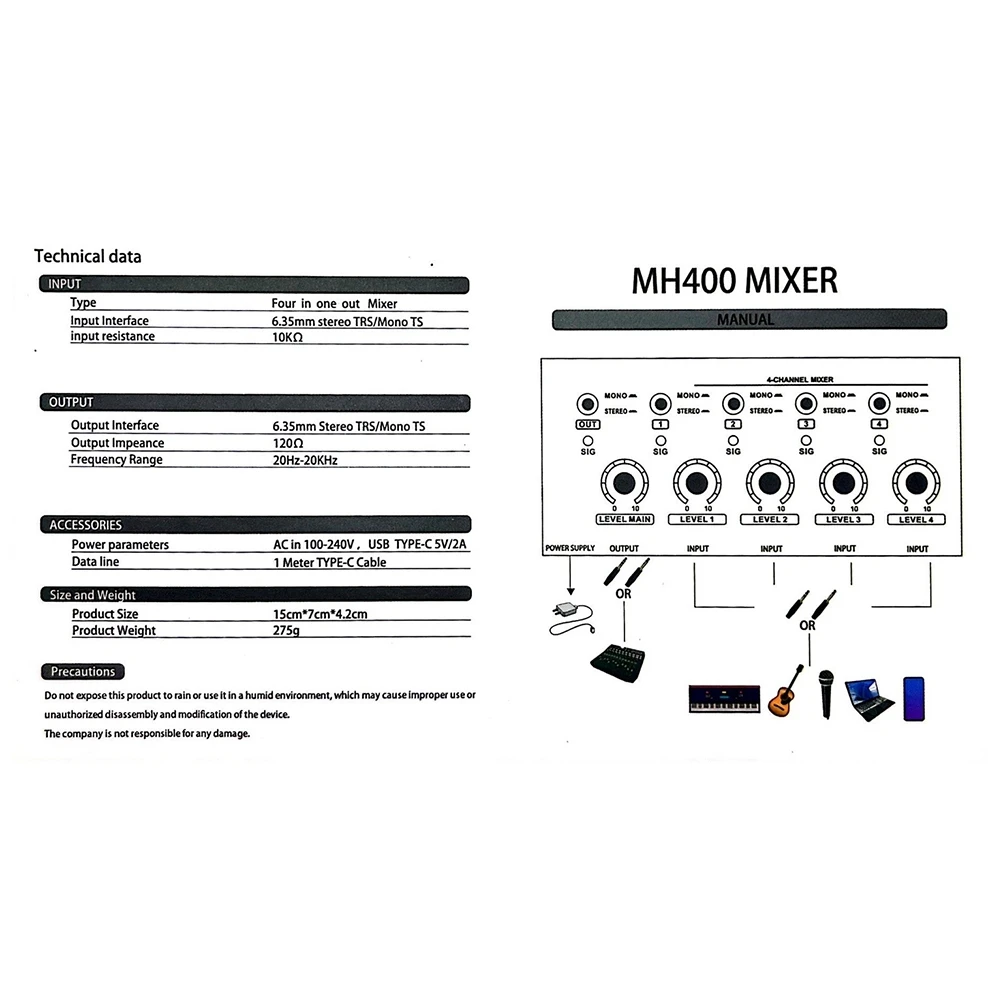 GAX-MH400 Ultra Low Noise Mini 4-Channel Mixer Mini Stereo Mixer Mixer Output Device Microphone Guitar Mixer EU-Plug