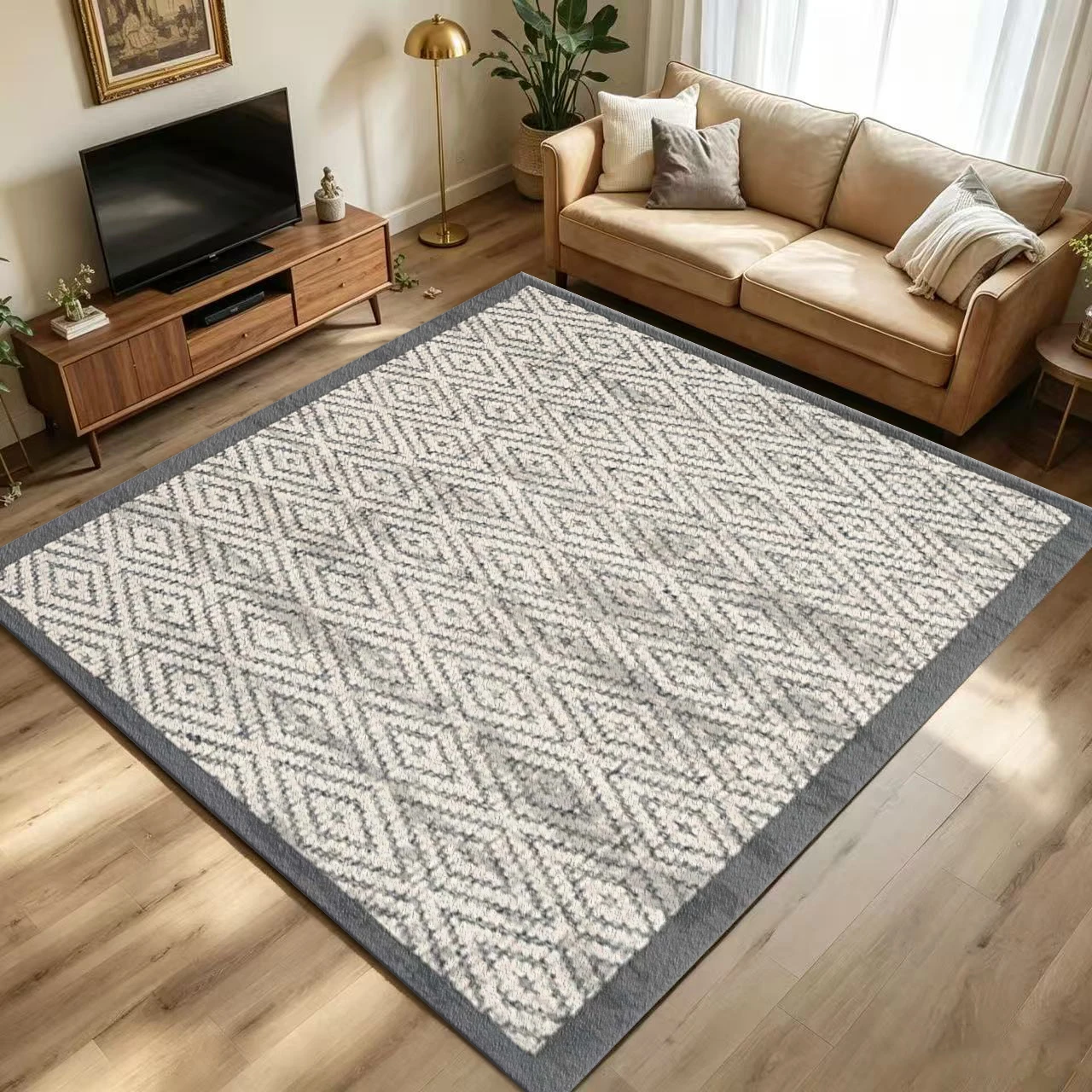 Boho Diamond Geometric Area Rug, Minimalist Non-Slip Floor Carpet for Living Room Bedroom Home Decor