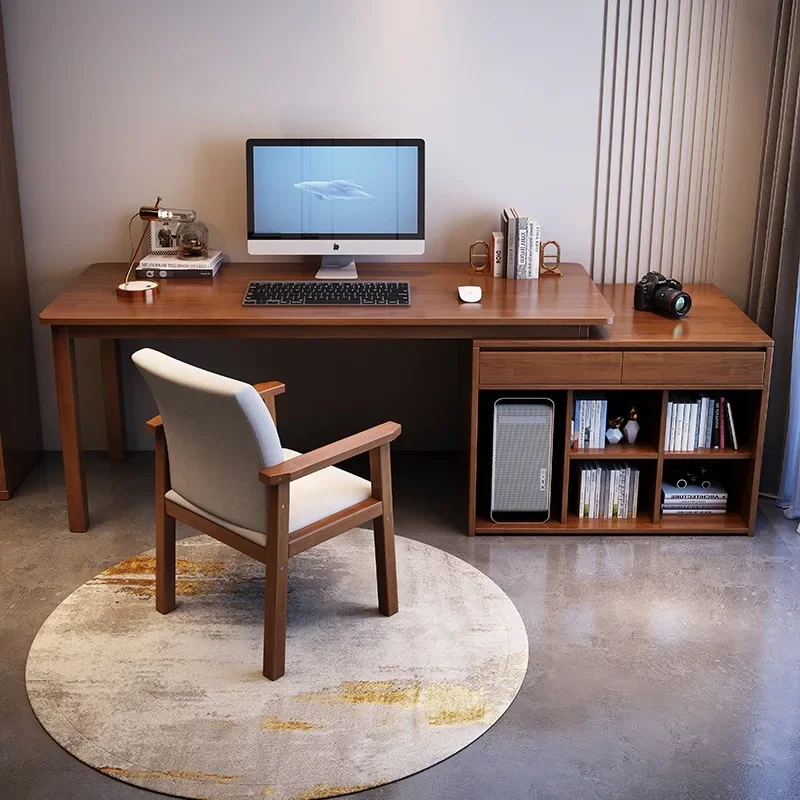Solid wood double desk bookcase integrated retractable corner simple modern computer desk student learning home